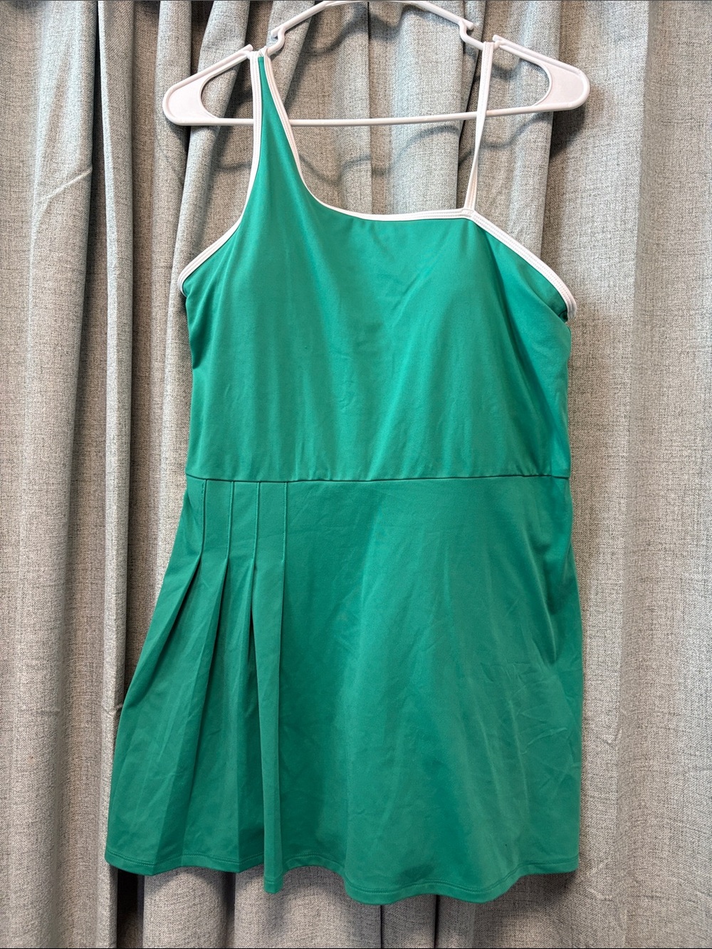 all in motion Green One-Shoulder Pleated Dress with White Trim